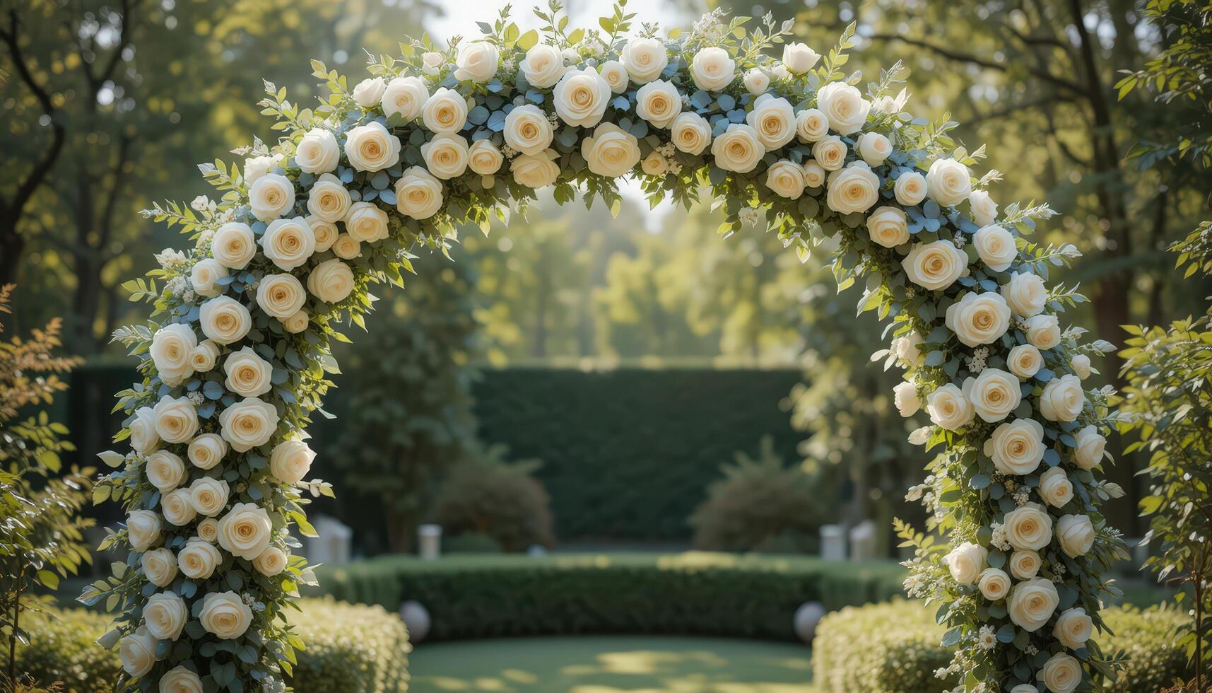 Beautiful Floral Arch Adorned With White Roses in a Serene Garden Setting During Daylight photo