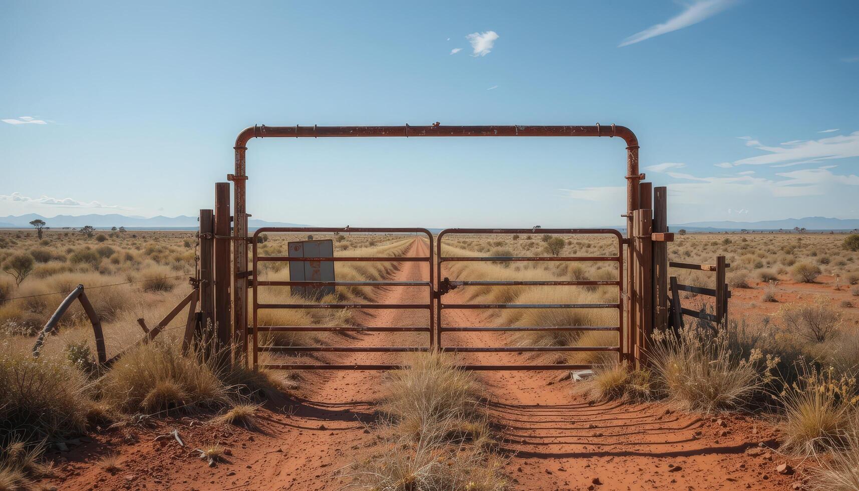 Rusty Gate at the Edge of a Desert Road Surrounded by Sparse Vegetation and Distant Mountains photo