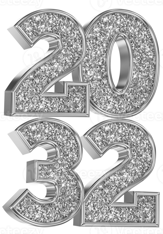 Happy New Year Number 2032 Silver 3D Render png