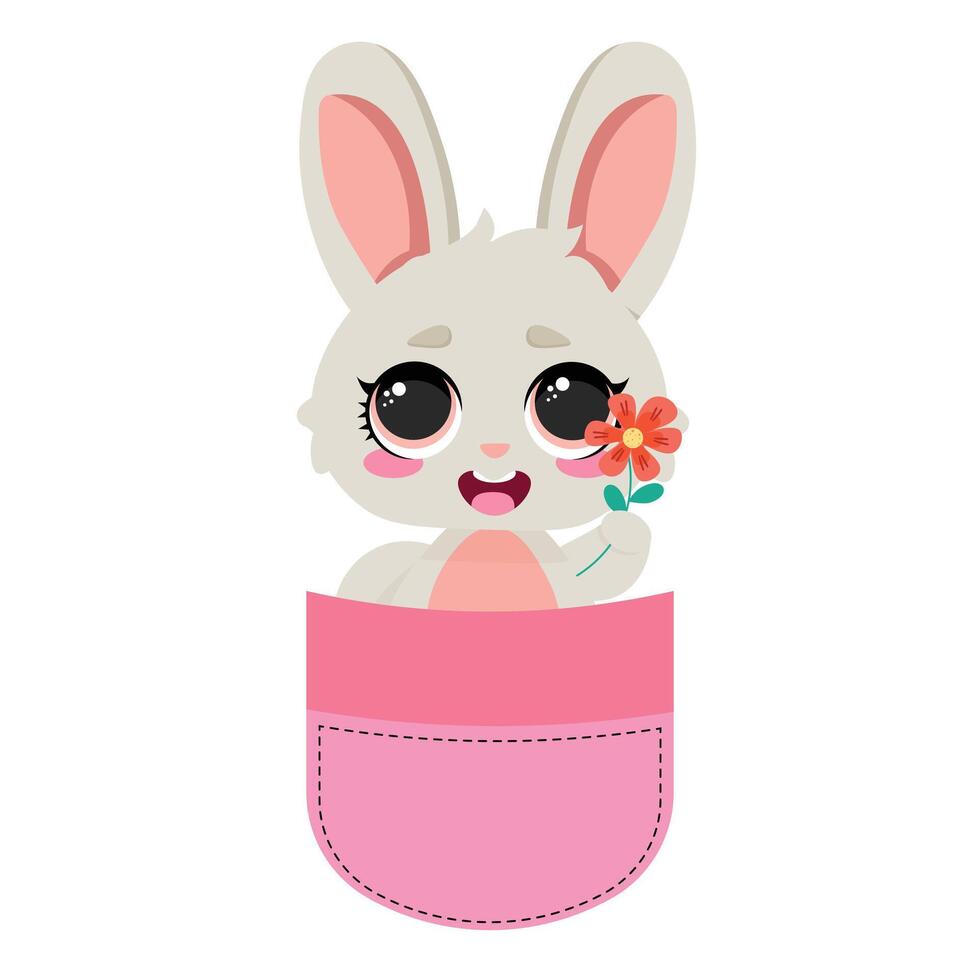 Happy bunny in pocket holding a small flower Adorable rabbit in a pouch with a tiny blossom vector
