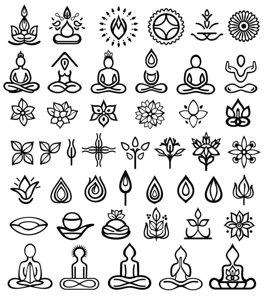 Set of yoga silhouettes on white background.Illustration of yoga symbols. Meditation silhouette, vector