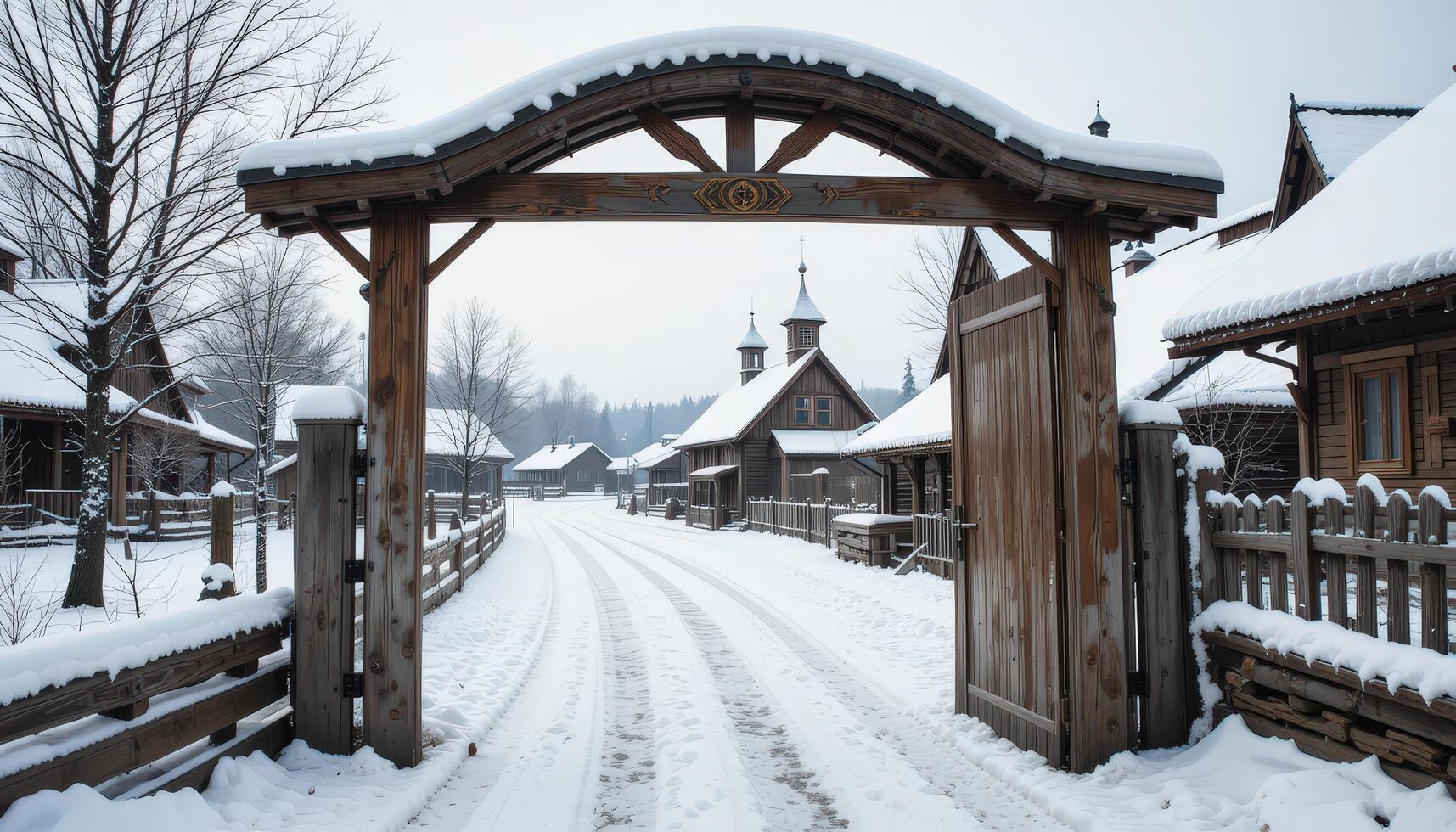 Winter Landscape of a Snow-Covered Village With Wooden Architecture and Tranquil Paths photo
