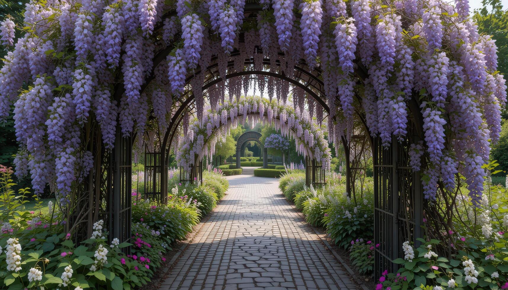 Beautiful Garden Pathway Adorned With Blooming Wisteria in a Serene Outdoor Setting photo