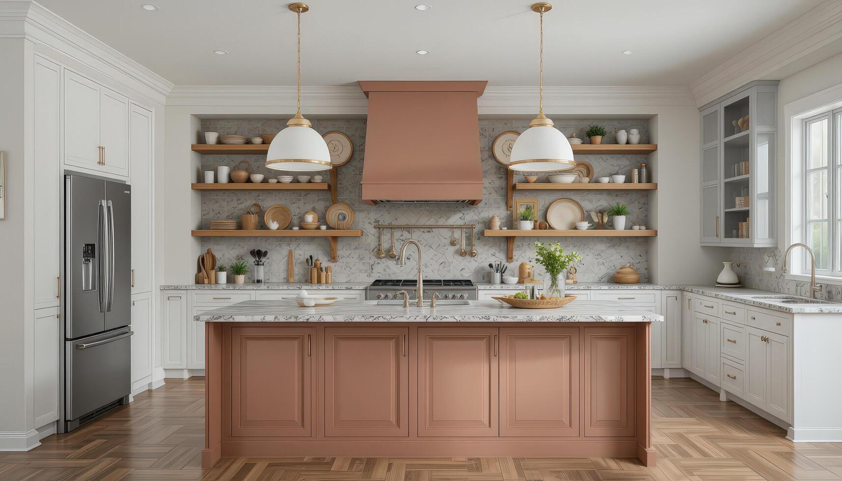 Modern Kitchen Design With Open Shelving and Stylish Decor in a Spacious Interior photo