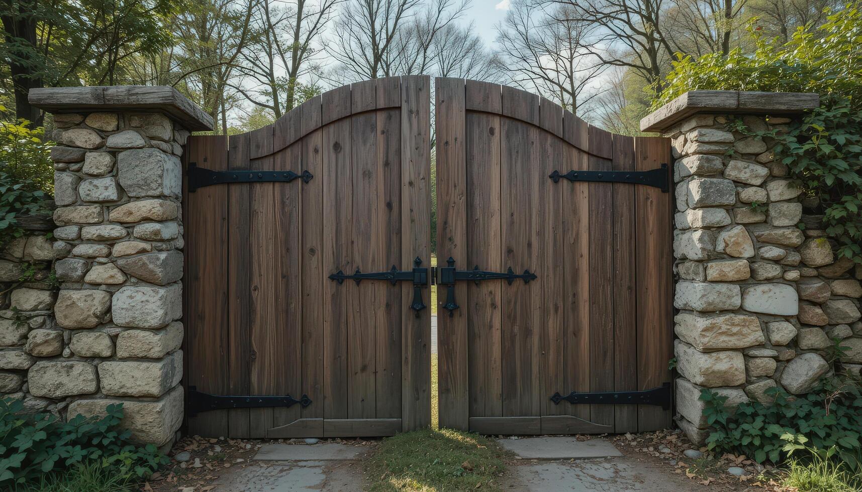 Enchanted Wooden Gates Flanked by Stone Pillars in a Serene Garden Setting During Daylight Hours photo