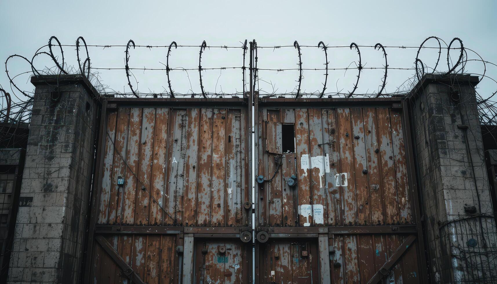 Old Industrial Gate With Rusty Metal and Barbed Wire in a Desolate Urban Area on a Cloudy Day photo