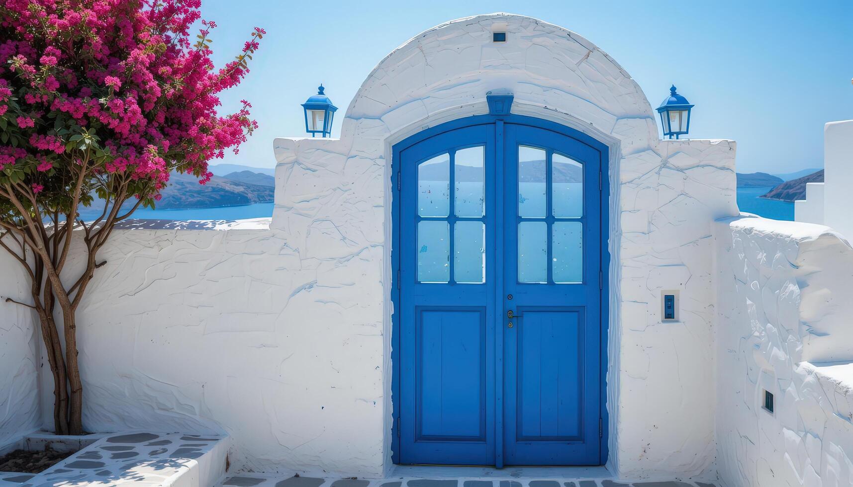 Vibrant Blue Door Framed by Blooming Flowers in a Picturesque Coastal Setting photo
