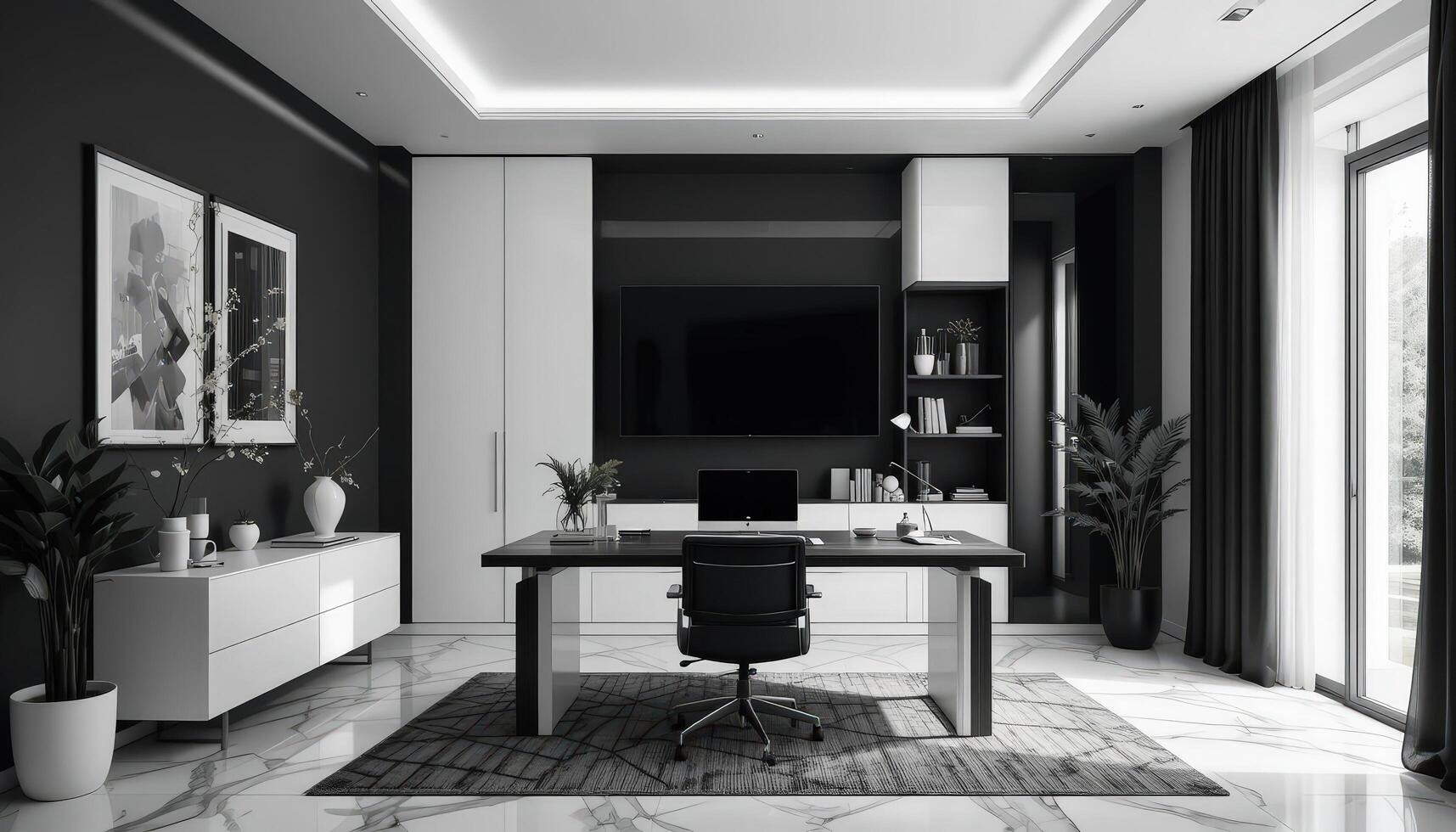 Modern Minimalist Office Design in a Sleek Black and White Color Scheme With Elegant Furnishings photo