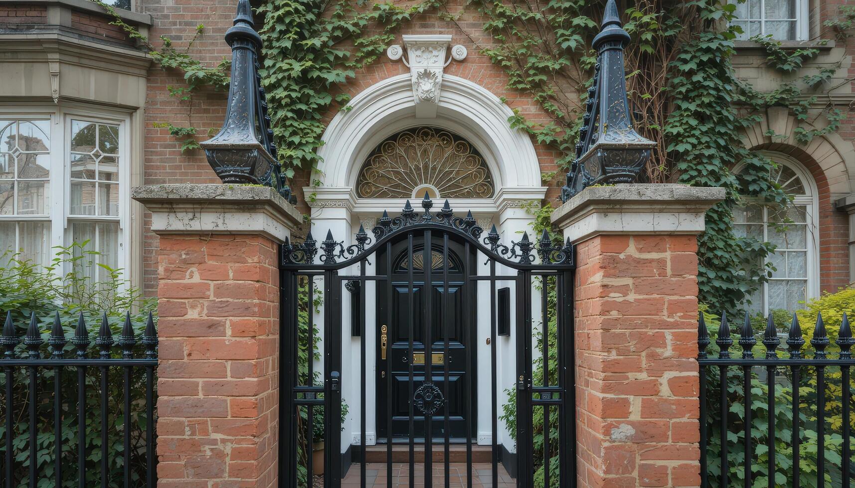 Elegant Black Wrought Iron Gate Leading to a Charming Entrance Surrounded by Lush Greenery photo