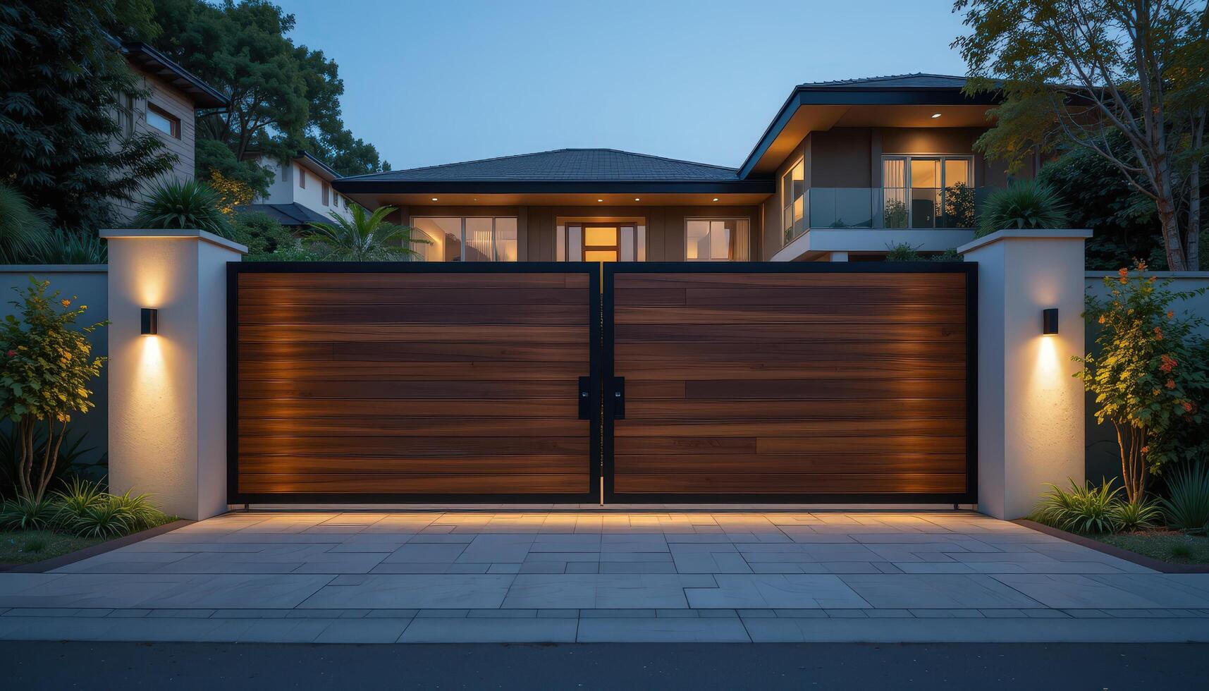 Modern Entrance Gate Illuminated at Night in a Residential Neighborhood With Contemporary Architecture photo