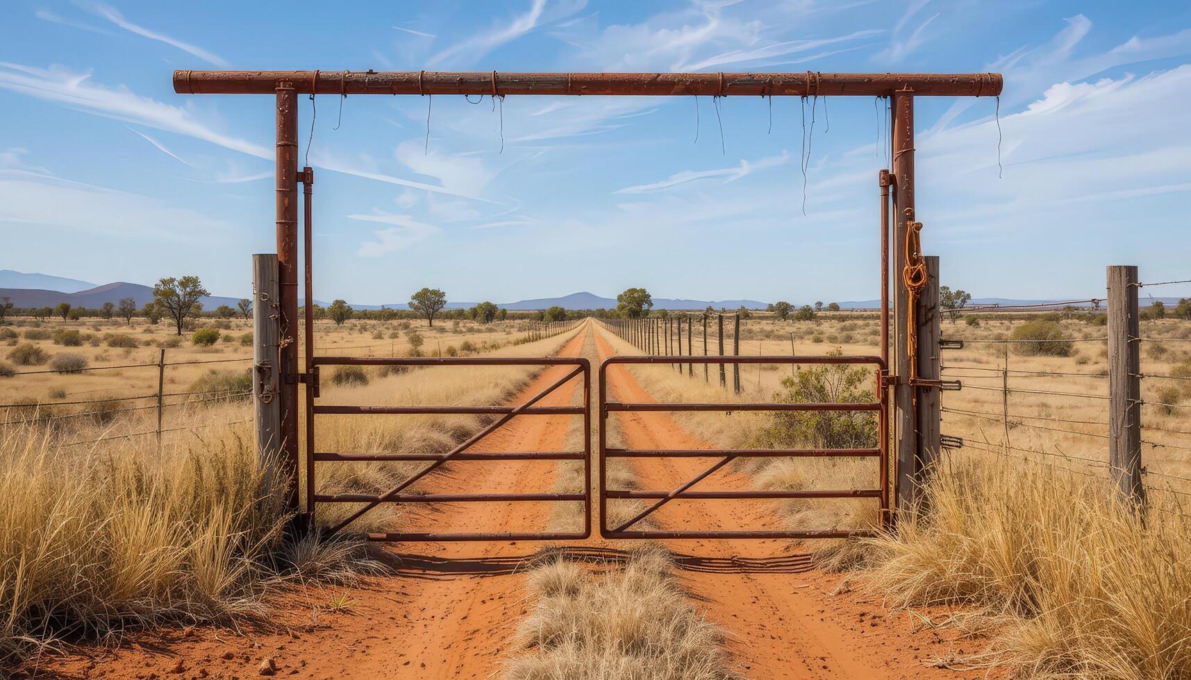 Metal Gate Opens to a Dusty Road in a Vast Desert Landscape Under a Clear Blue Sky photo