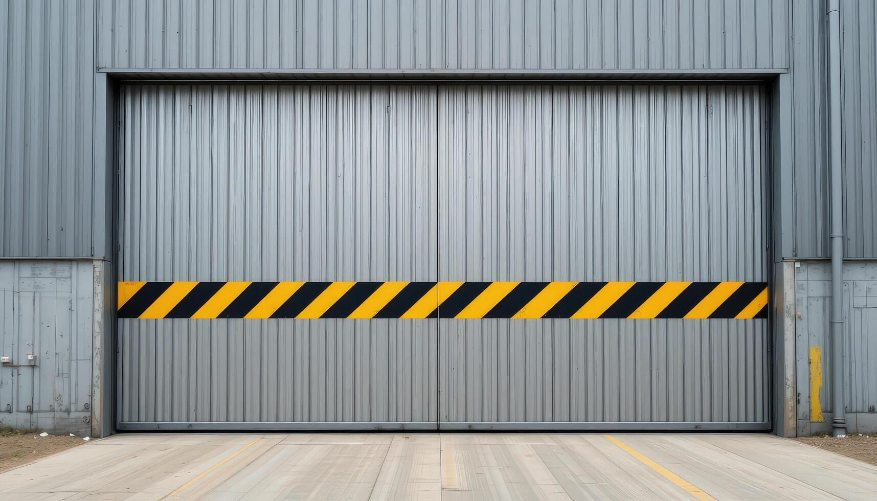 Large Industrial Metal Sliding Door With Safety Markings in an Urban Setting During Daylight Hours photo
