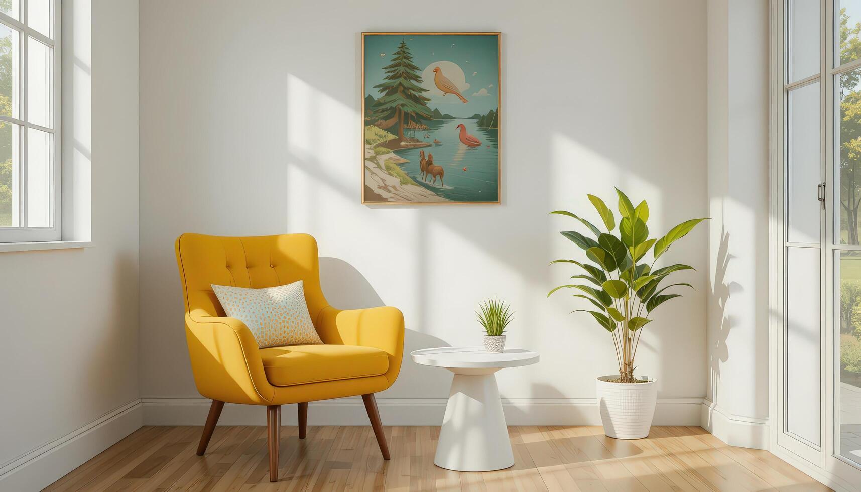 Cozy Corner in a Bright Room With a Stylish Chair and Artwork Depicting Nature Scenery photo