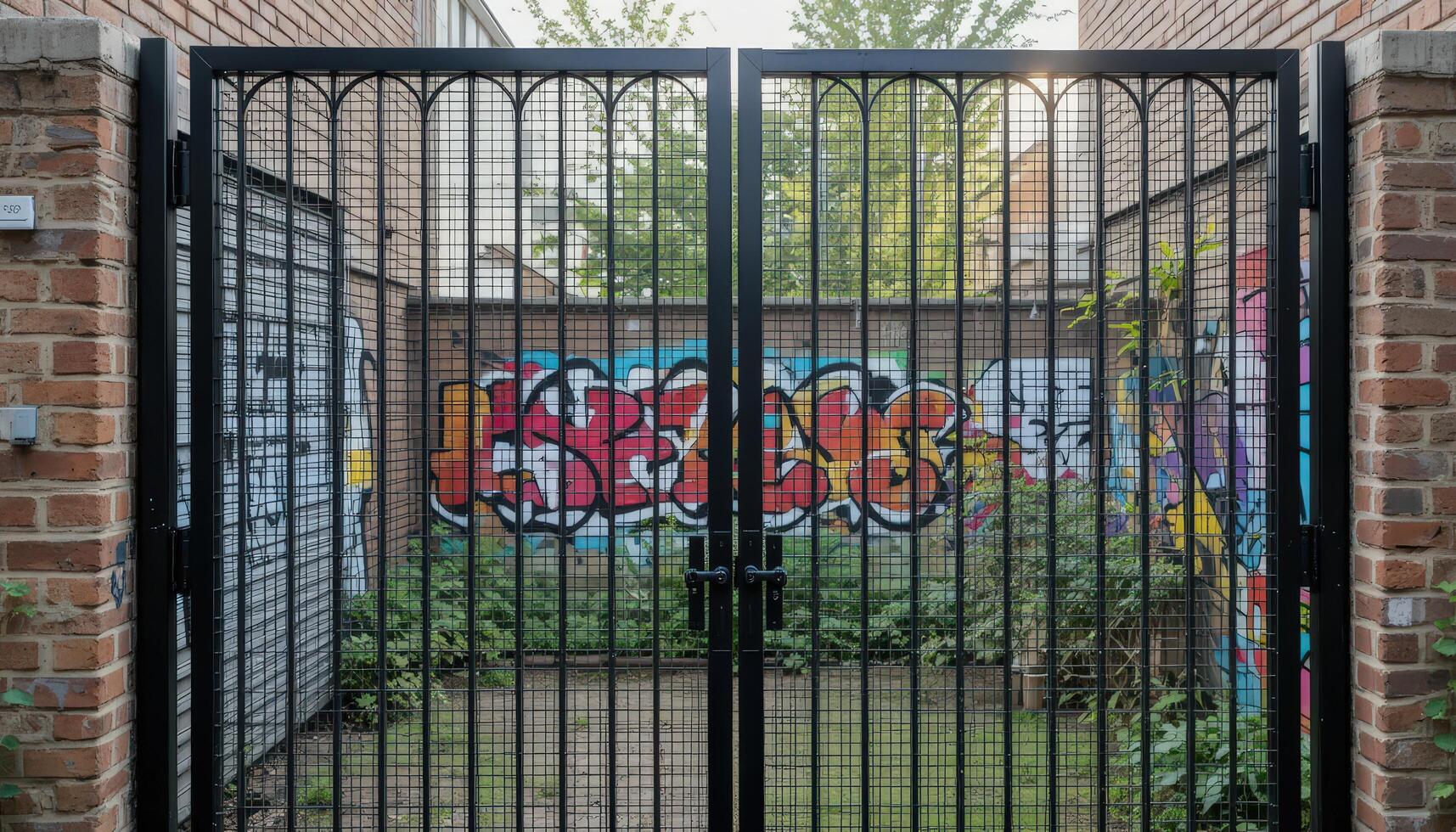 Vibrant Graffiti Adorns a Hidden Courtyard Behind a Black Metal Gate in an Urban Setting photo
