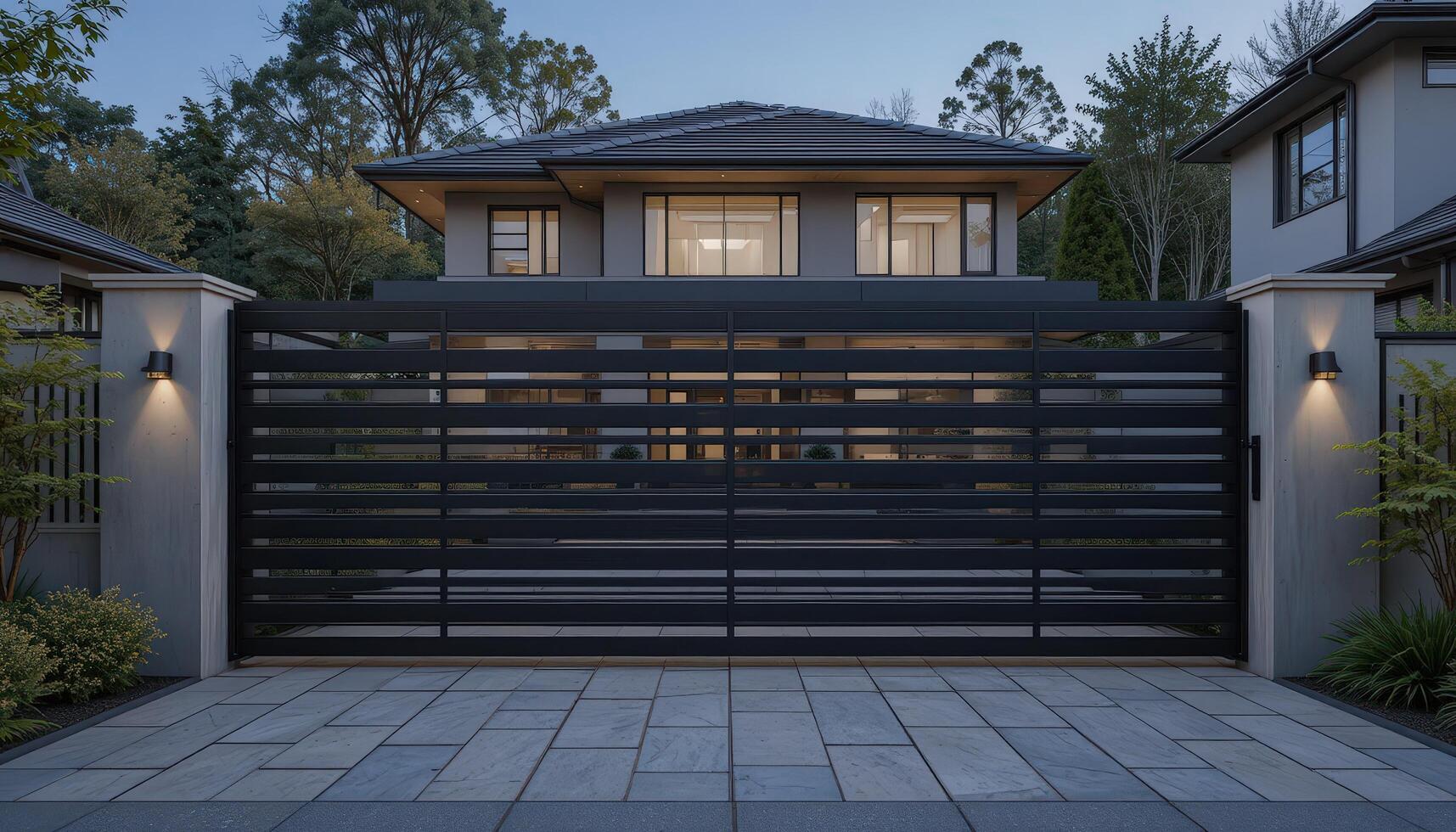 Contemporary House Exterior With Modern Gate and Evening Lighting in a Suburban Neighborhood photo