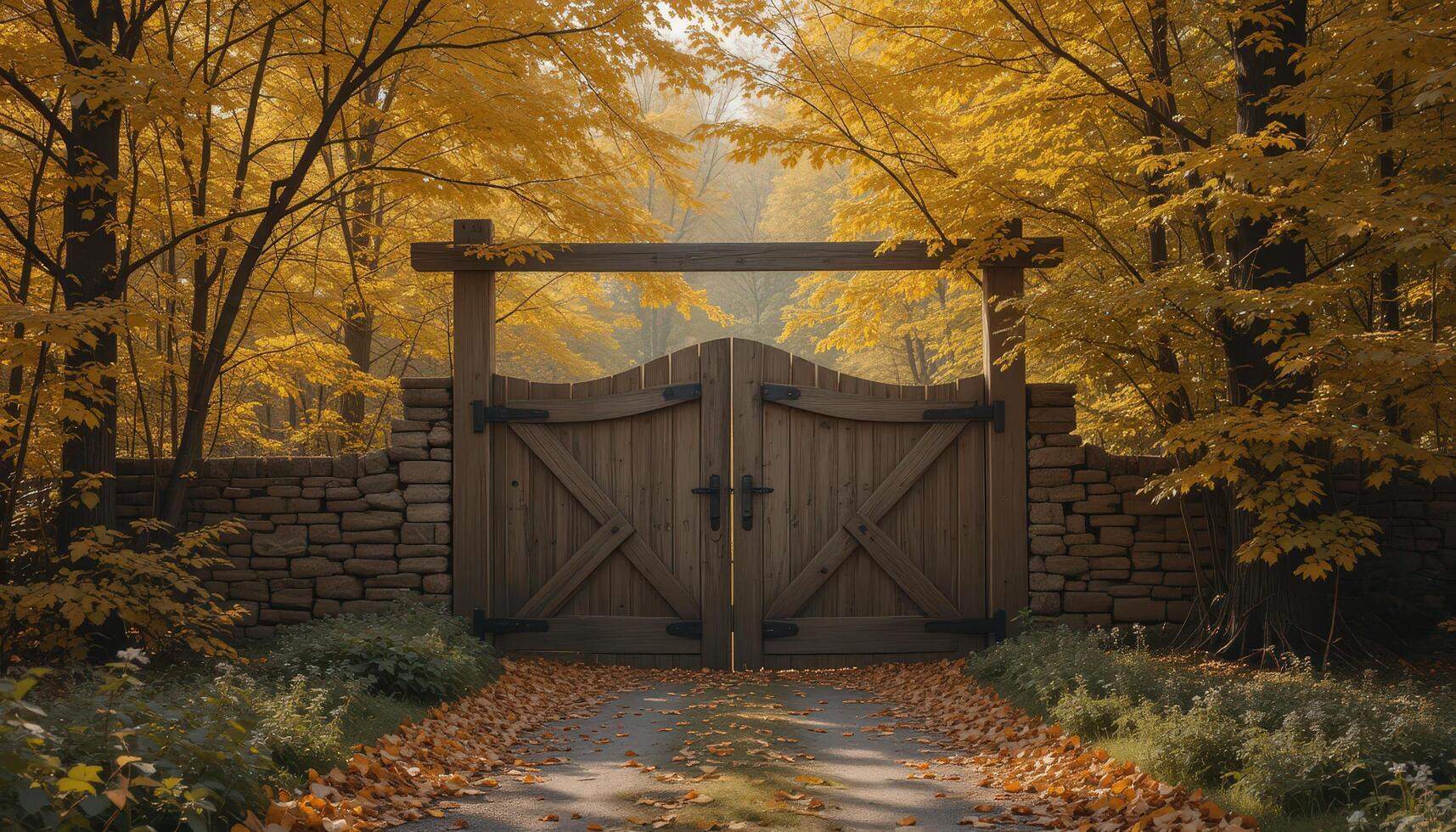 Wooden Gate in a Serene Autumn Landscape With Vibrant Foliage and a Tranquil Path photo