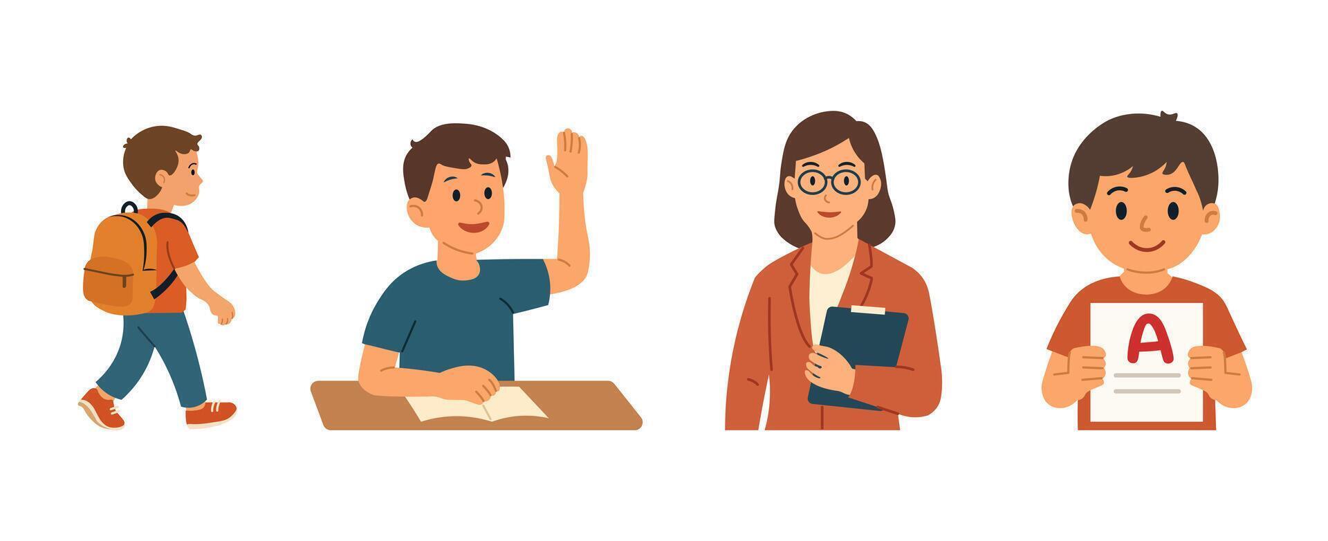 Back to school illustration with student walking to class raising hand receiving A grade and teacher character vector