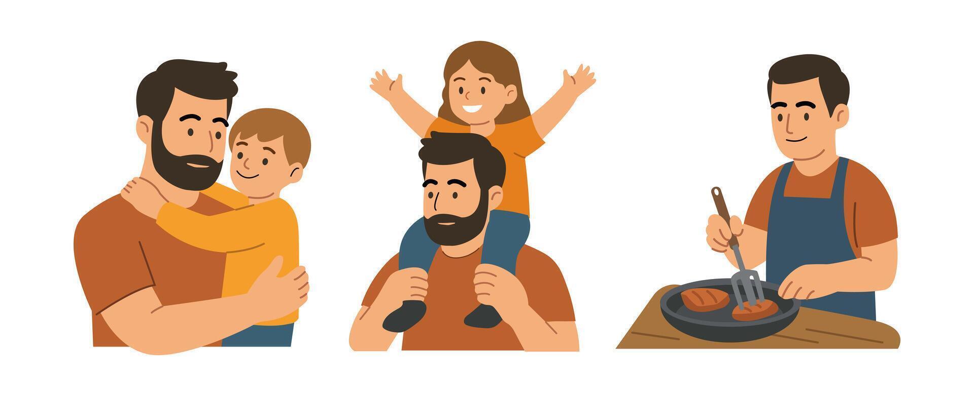 Father hugging children playing together and cooking food flat illustration for Father's Day parenting and family bonding vector