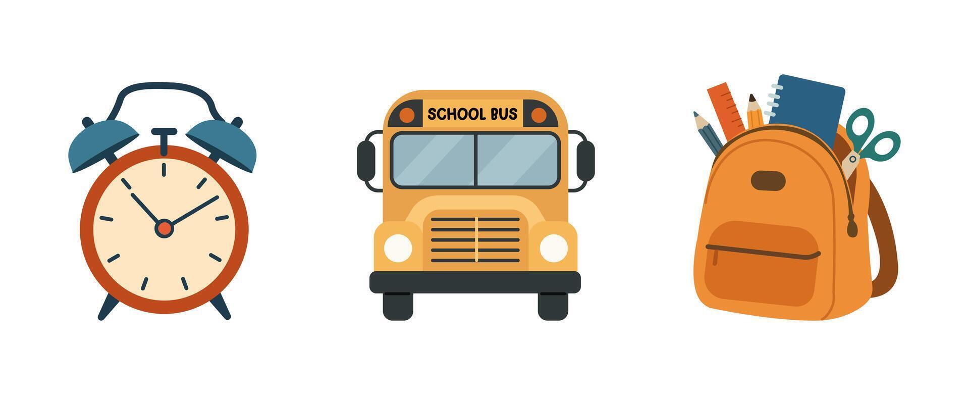 Back to school illustration with alarm clock, school bus, and student backpack in flat cartoon style vector