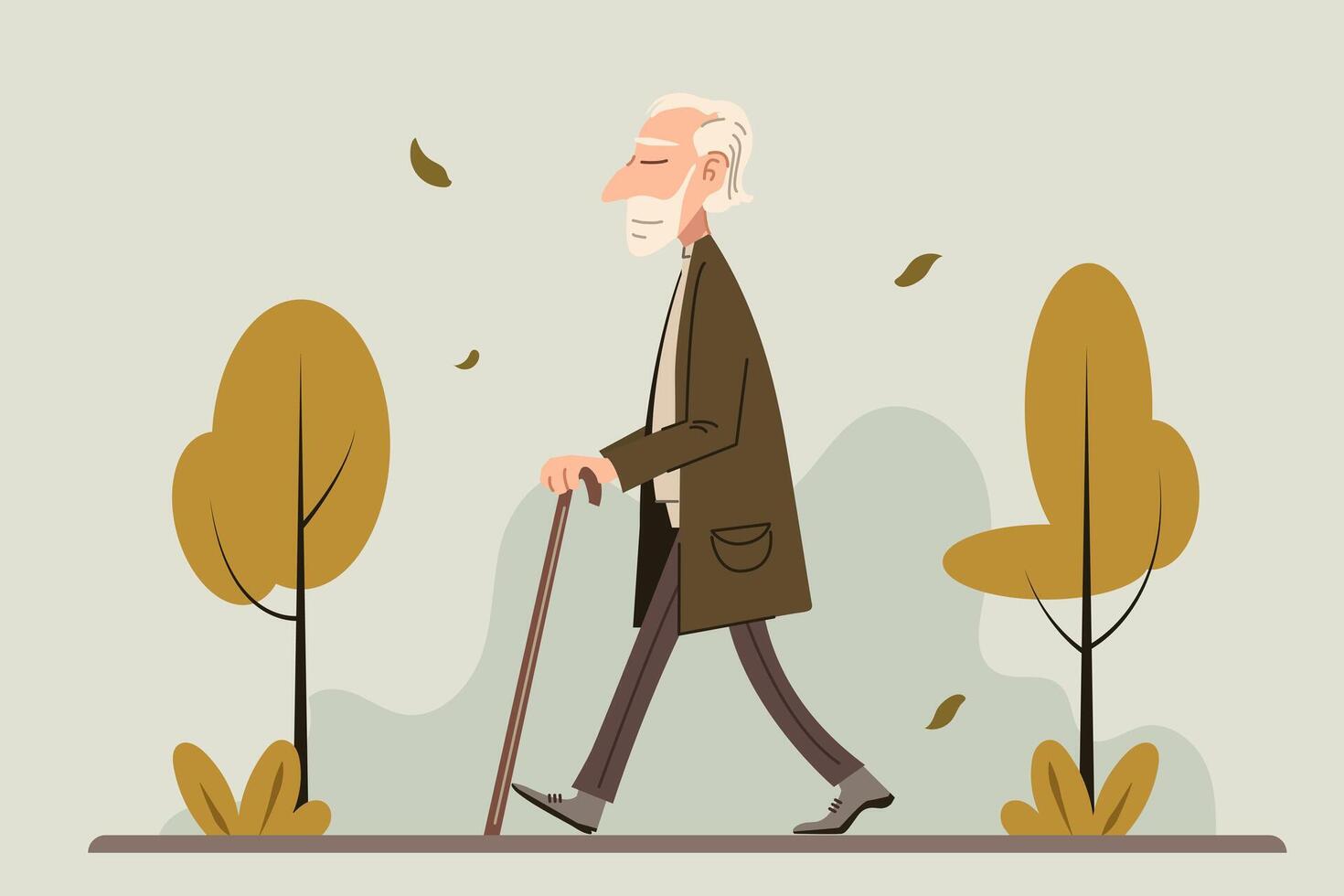 Elderly man walking with cane in autumn park flat illustration for aging lifestyle health and retirement concept vector