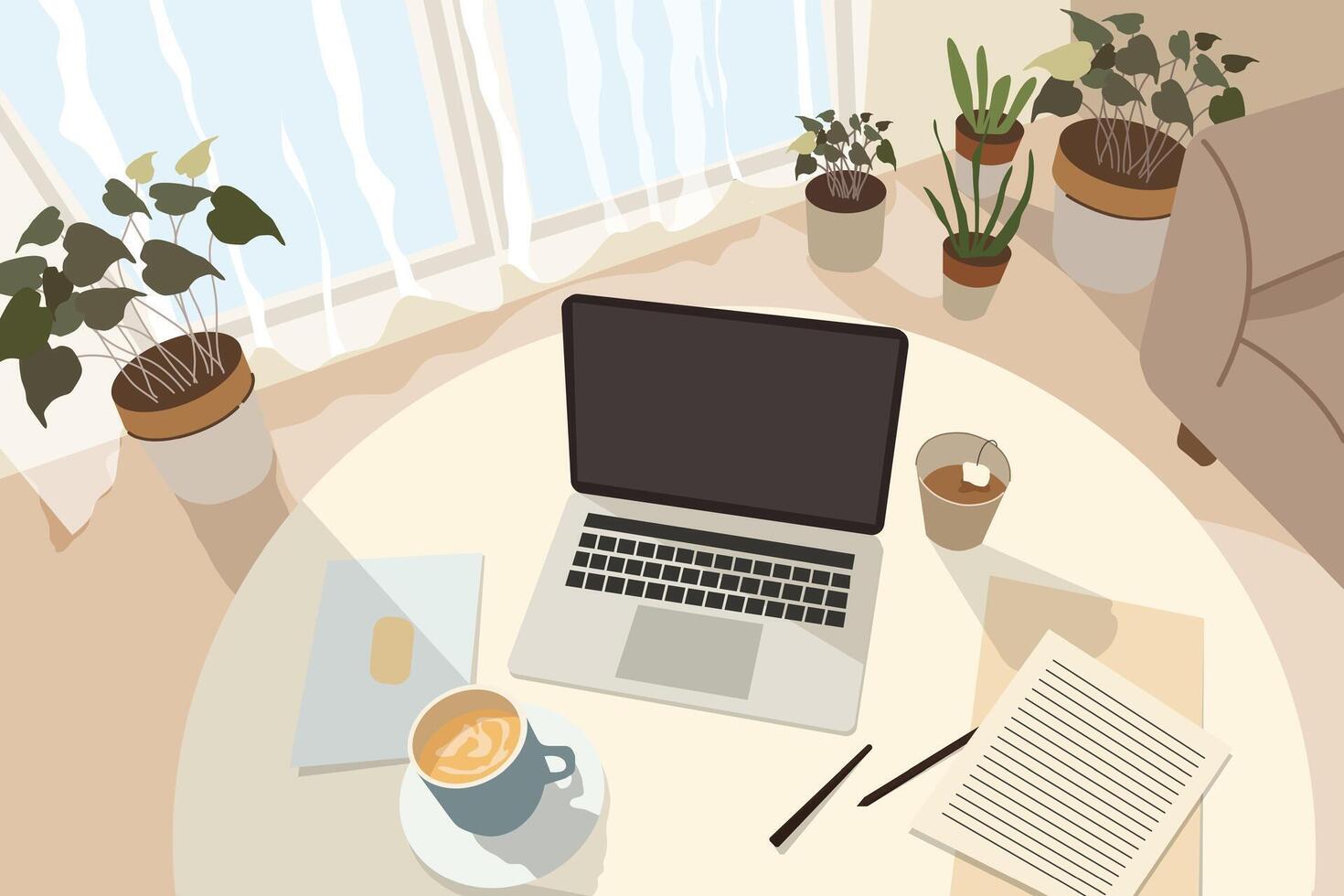 Cozy home office desk setup with laptop coffee cup notebook and houseplants flat illustration for work from home productivity and creative lifestyle concept vector