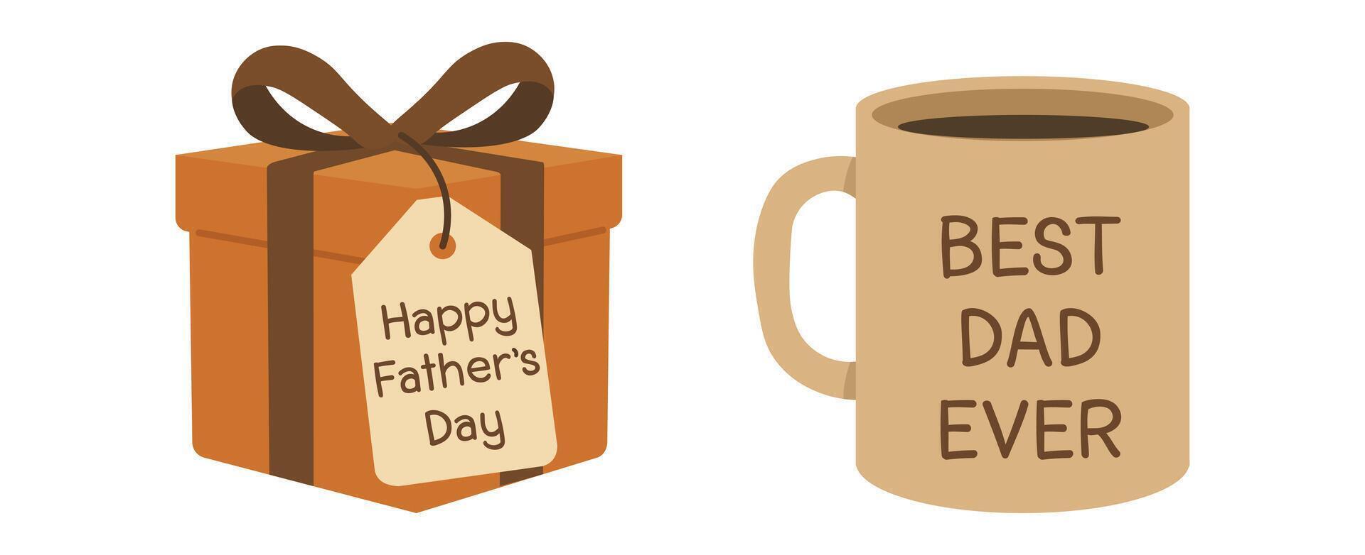 Father's Day gift box and coffee mug with Happy Father's Day and Best Dad Ever text flat illustration vector