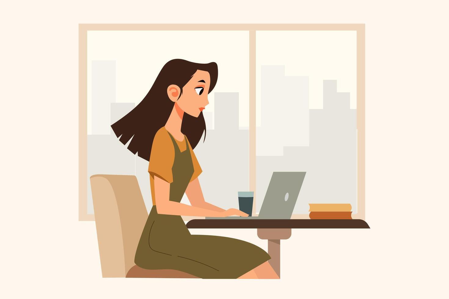 Woman working on laptop at coffee shop flat illustration for freelance lifestyle productivity and remote work concept vector