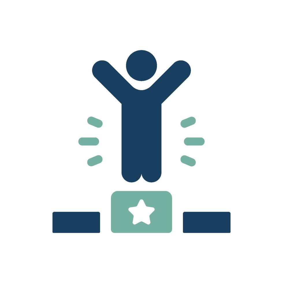 This icon symbolizes achievement, showing a figure celebrating on a podium. Its perfect for recognition apps, inspiring users to pursue goals and promoting a sense of accomplishment and joy vector
