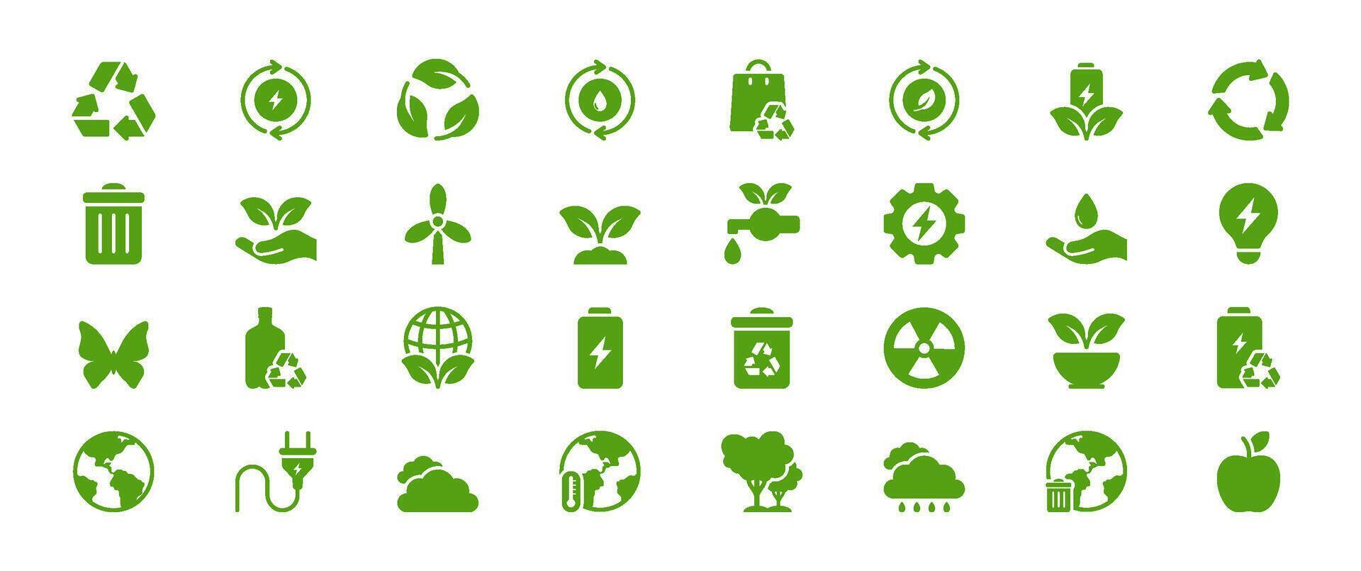 This curated collection of ecofriendly icons represents nature, recycling, and environmental protection. Perfect for promoting sustainability, these icons enhance any ecofocused project vector