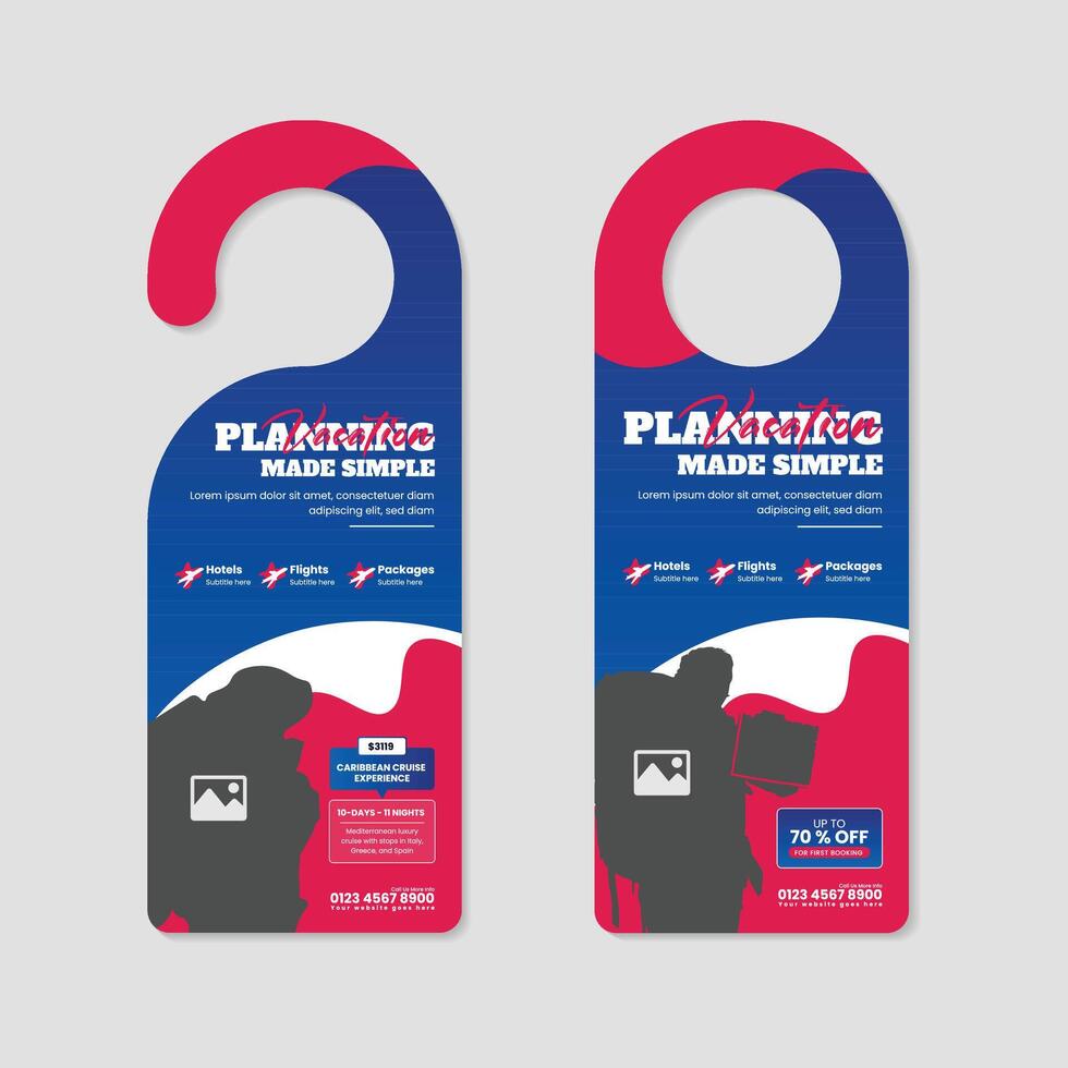 Travel Agency Door Hanger Template for Advertising Holiday Packages and Exclusive Trip Offers vector