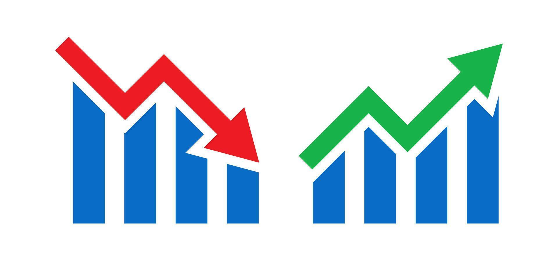 Graph going Up and Down sign with green and red arrows. Bullish trend. Bear market, bearish trend. Rising and downward trend. illustration vector