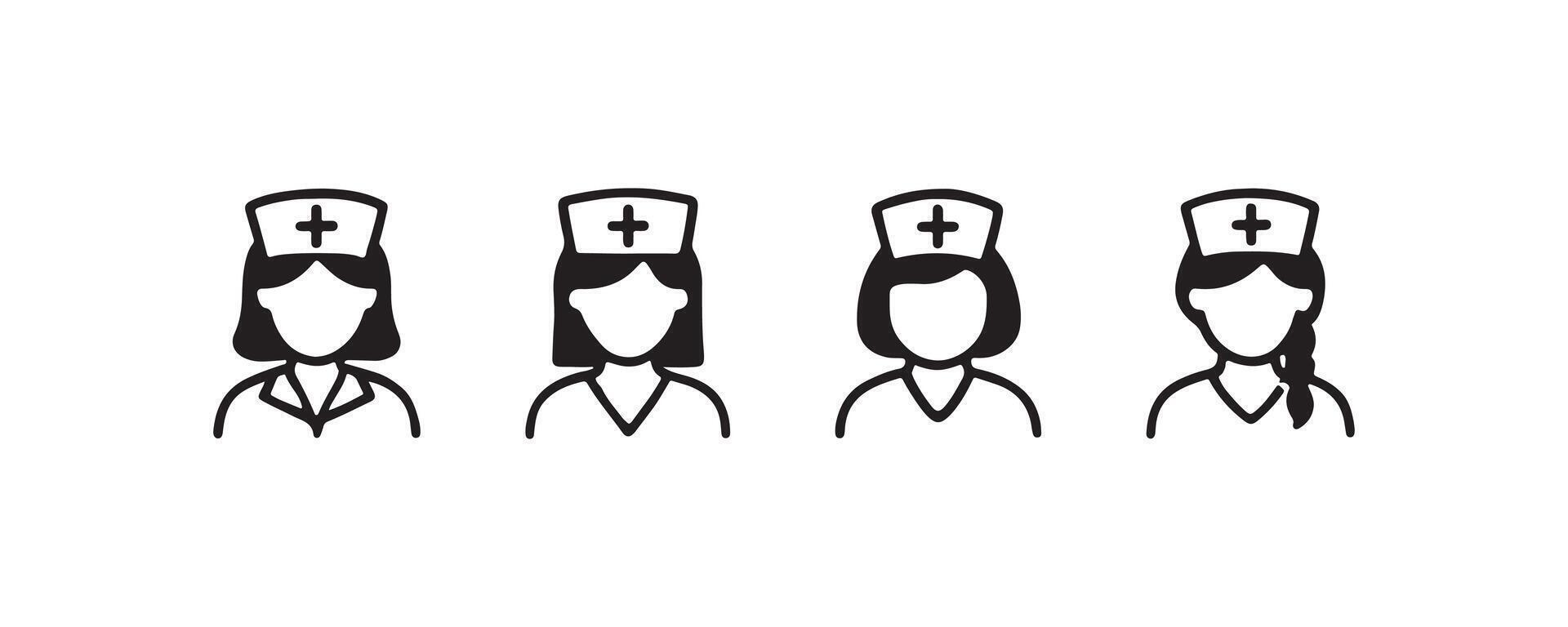 Icon set of female nurses in uniform with caps - black and white minimalist design. vector