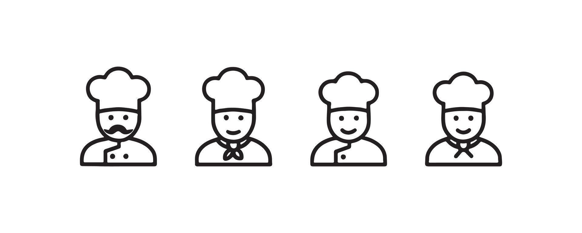 Outline icons of chefs with hats and smiling faces in a row. vector