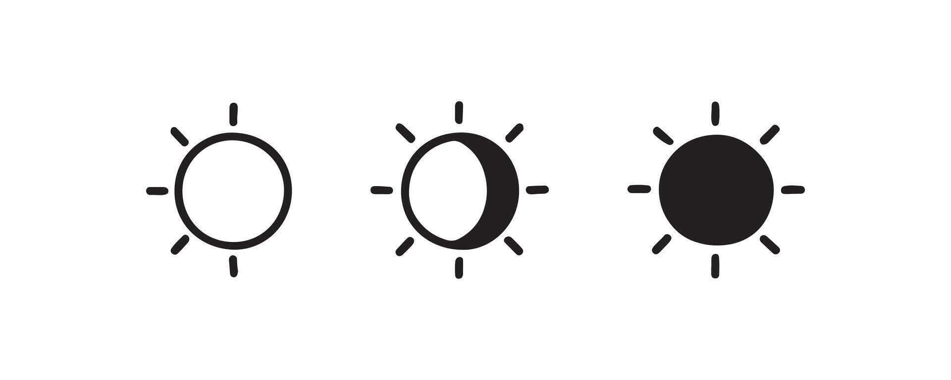 Minimalist sun icons day, eclipse, night - black and white design. vector