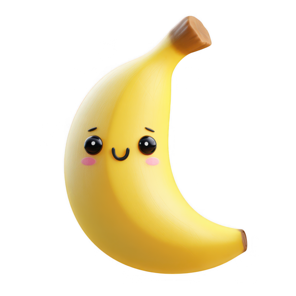Cute banana character with smiling face, featuring big eyes and rosy cheeks, perfect for children illustrations or playful designs. This adorable fruit character brings joy and fun png
