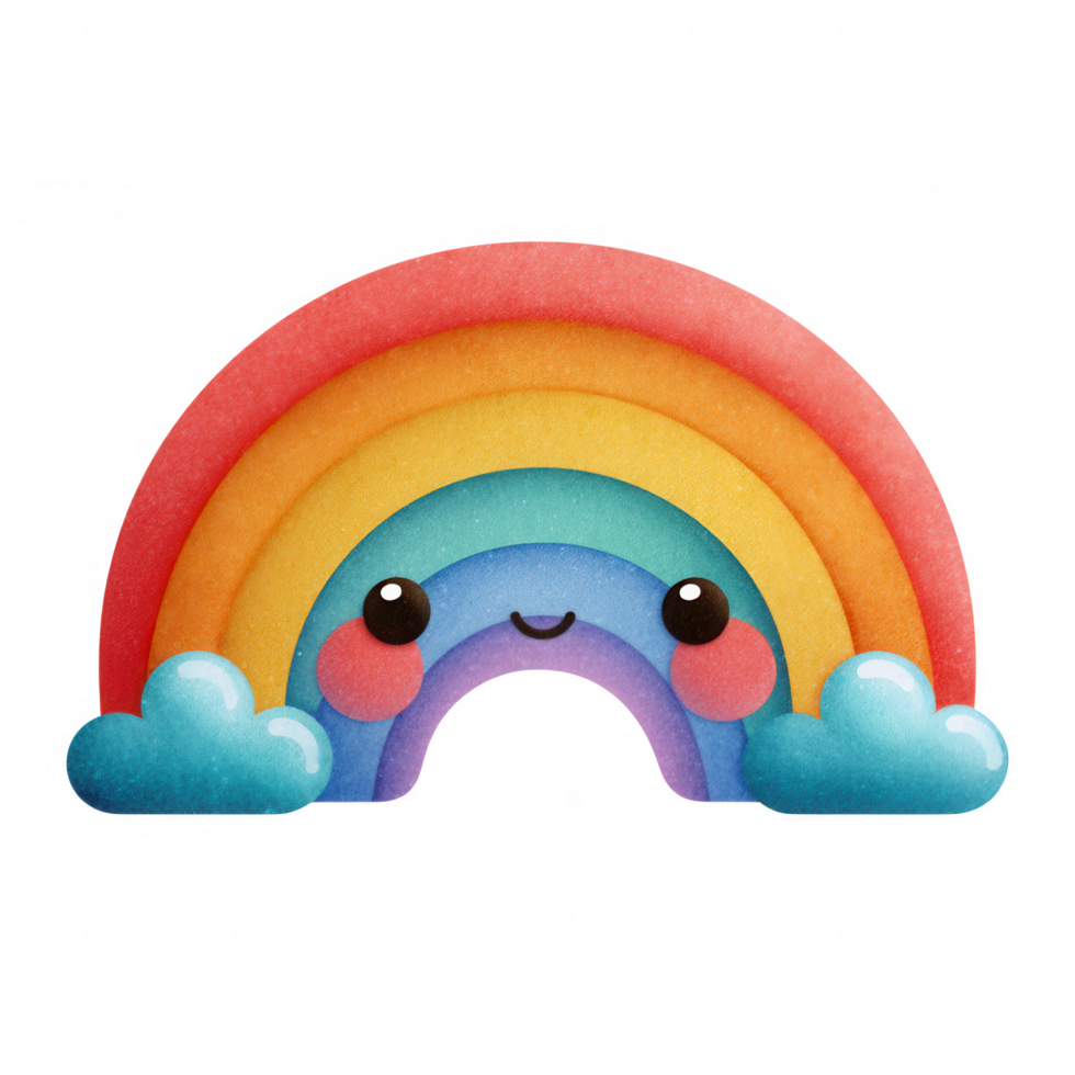 cheerful rainbow with smiling face and fluffy clouds, radiating joy and positivity. This cute design embodies whimsical weather theme, perfect for brightening any space png