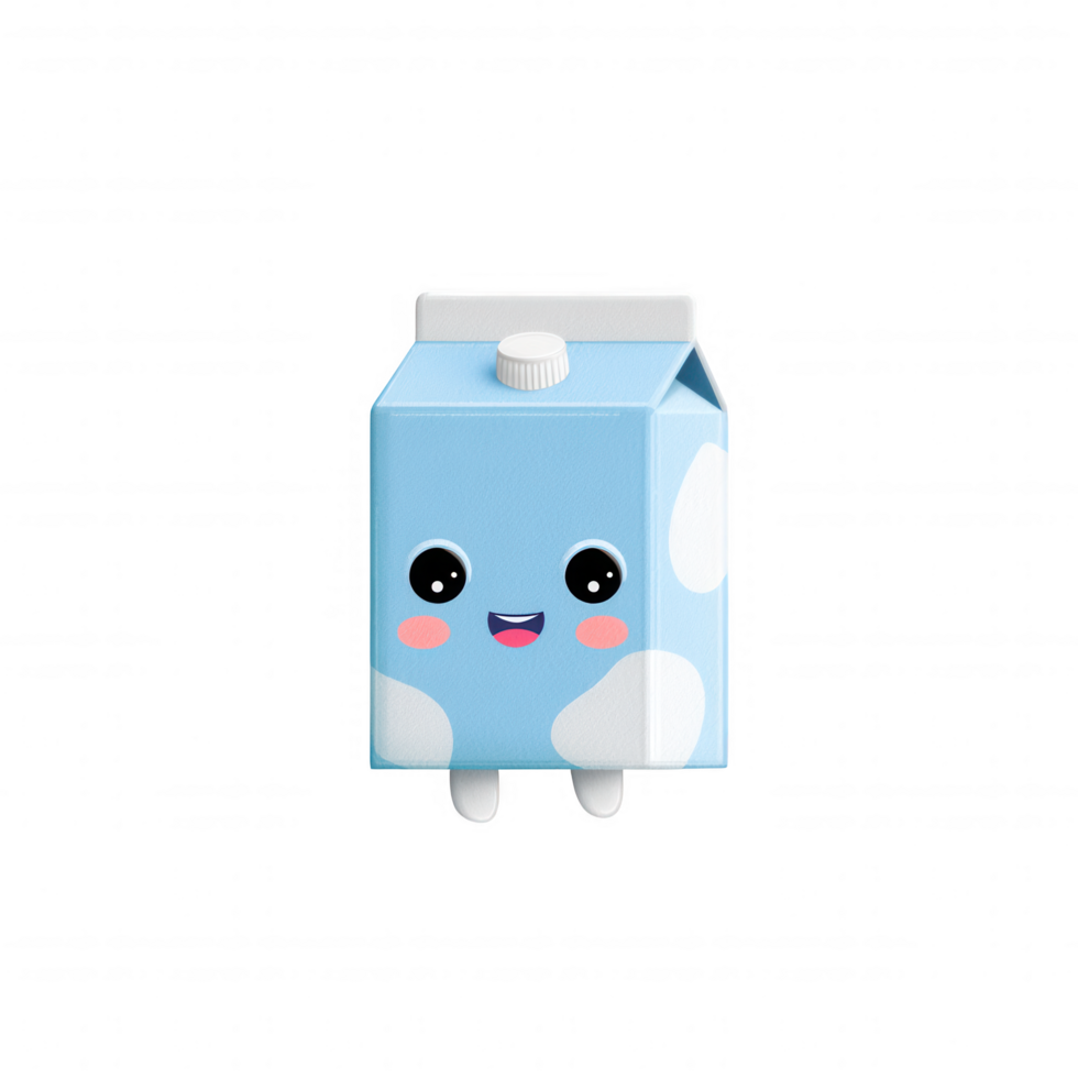Cute milk carton character with smiling face, designed in kawaii style. This adorable drink element features blue color with white spots, perfect for children themes or playful designs png