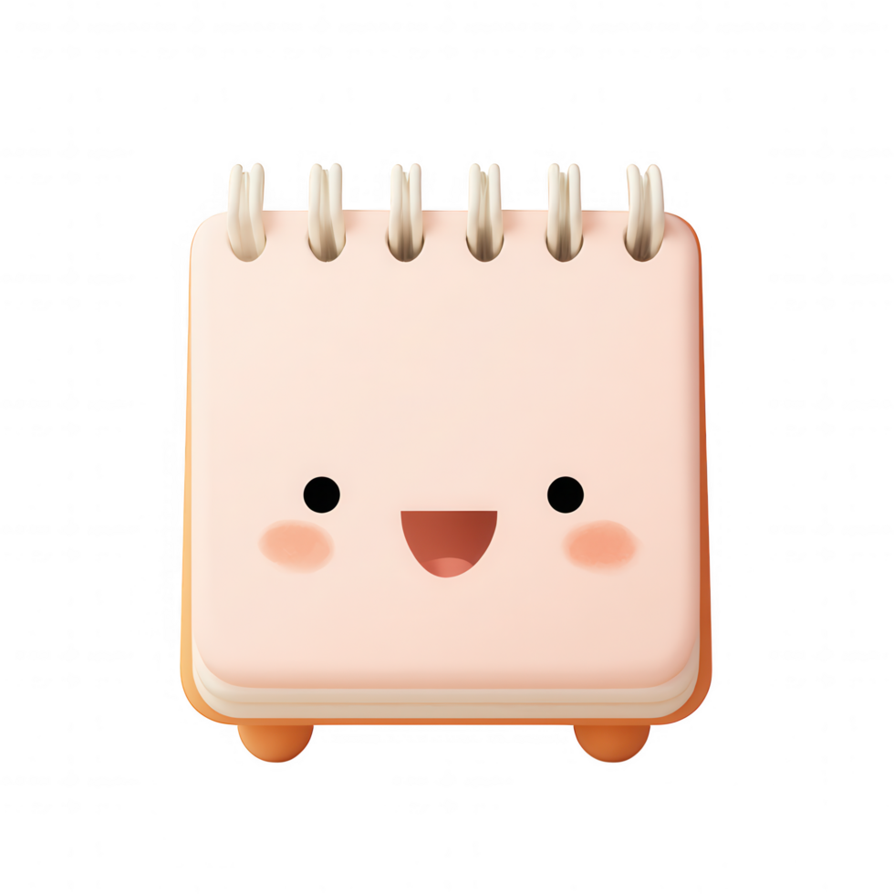 Cute notebook smiling face kawaii design daily planner cartoon style pastel colors stationery item happy expression spiral binding organized planning png