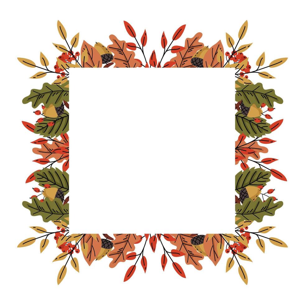 A decorative square frame made of autumn leaves, acorns, and berries in warm fall colors, perfect for seasonal designs, invitations, and greeting cards. vector