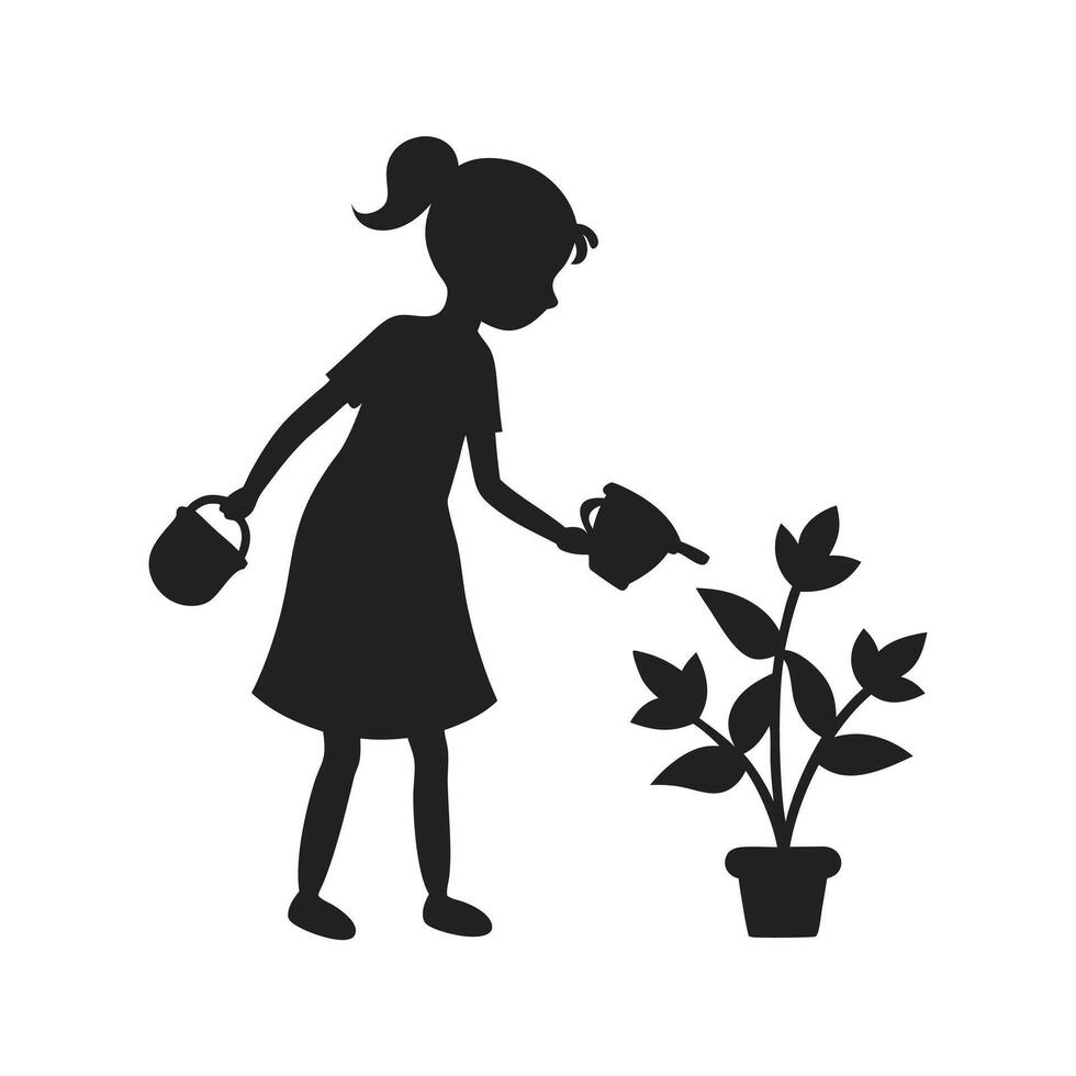 Girl Watering Plants In Garden vector
