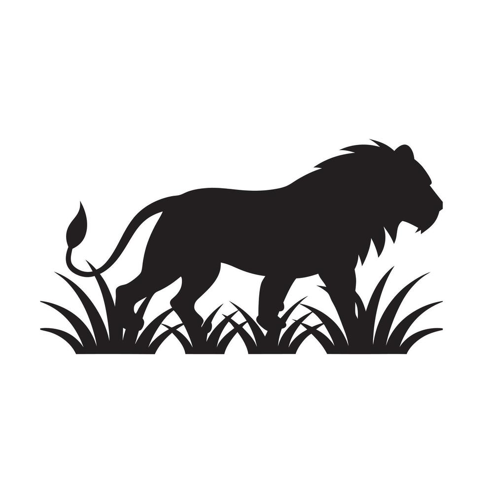 Lion Silhouette Prowling Stealthily Through Tall vector