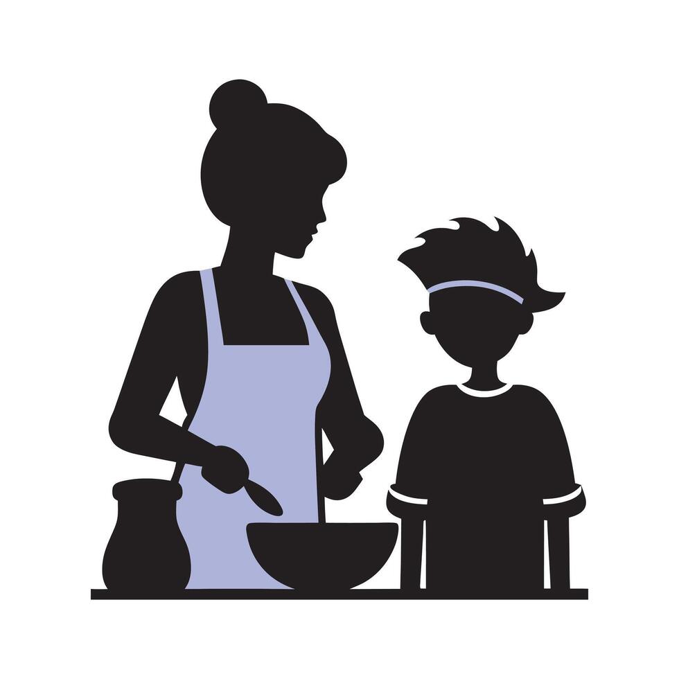 Mom And Son Baking Together Silhouette vector