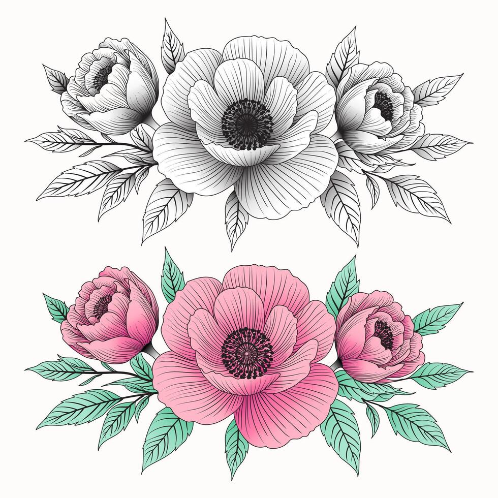 Hand Drawn Floral Bouquet Sticker, Pink Peony Line Art with Colored and Black and White Variants vector