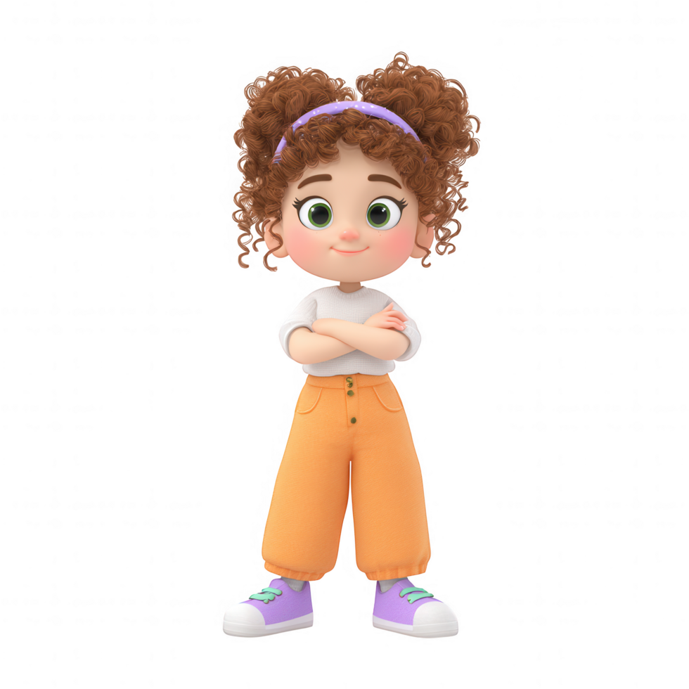 Cheerful child character with curly hair stands confidently with arms crossed. Dressed casual outfit featuring orange pair of pants and purple sneakers, this character embodies playful png
