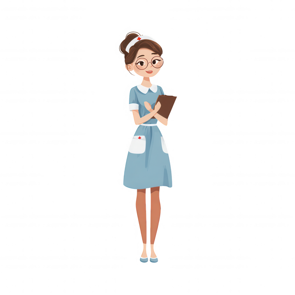 Friendly nurse character stands confidently, holding clipboard, dressed light blue uniform with white apron. This illustration embodies health education theme, perfect for various educational png
