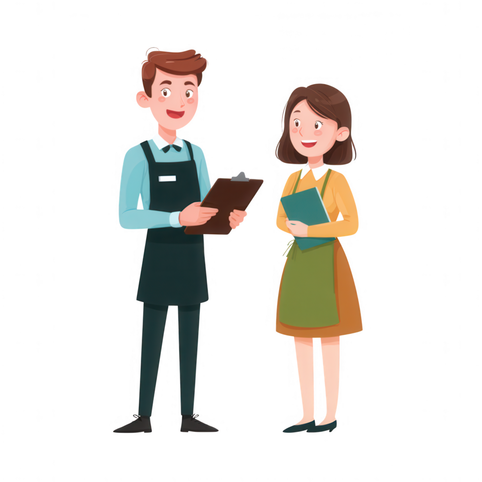 Friendly restaurant server and customer interacting in cheerful atmosphere, showcasing warm dining experience. server holds clipboard while customer smiles, creating welcoming scene png