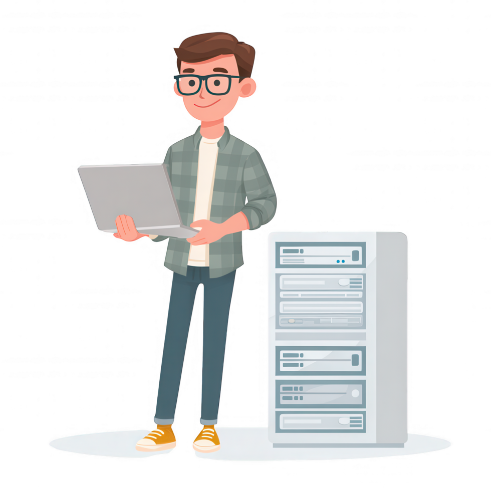 Young IT specialist stands confidently with laptop hand, surrounded by server equipment. His casual attire and glasses reflect modern tech environment, showcasing blend of professionalism png