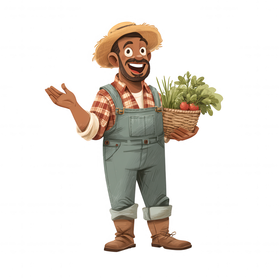 Cheerful farmer character holding basket of fresh vegetables, wearing overalls and straw hat, embodies sustainable agriculture and connection to nature png