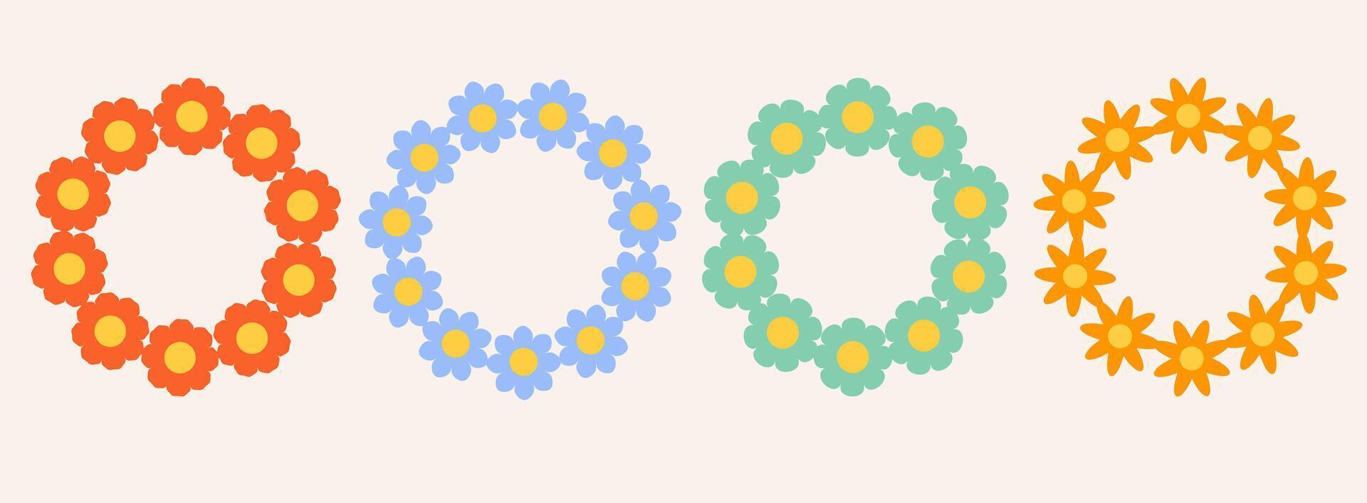 Set of colorful flowers frame. Retro geometric spring flowers. Groovy flowers set. Botanical circle border. For greeting card, poster, banner, social media, logo. vector
