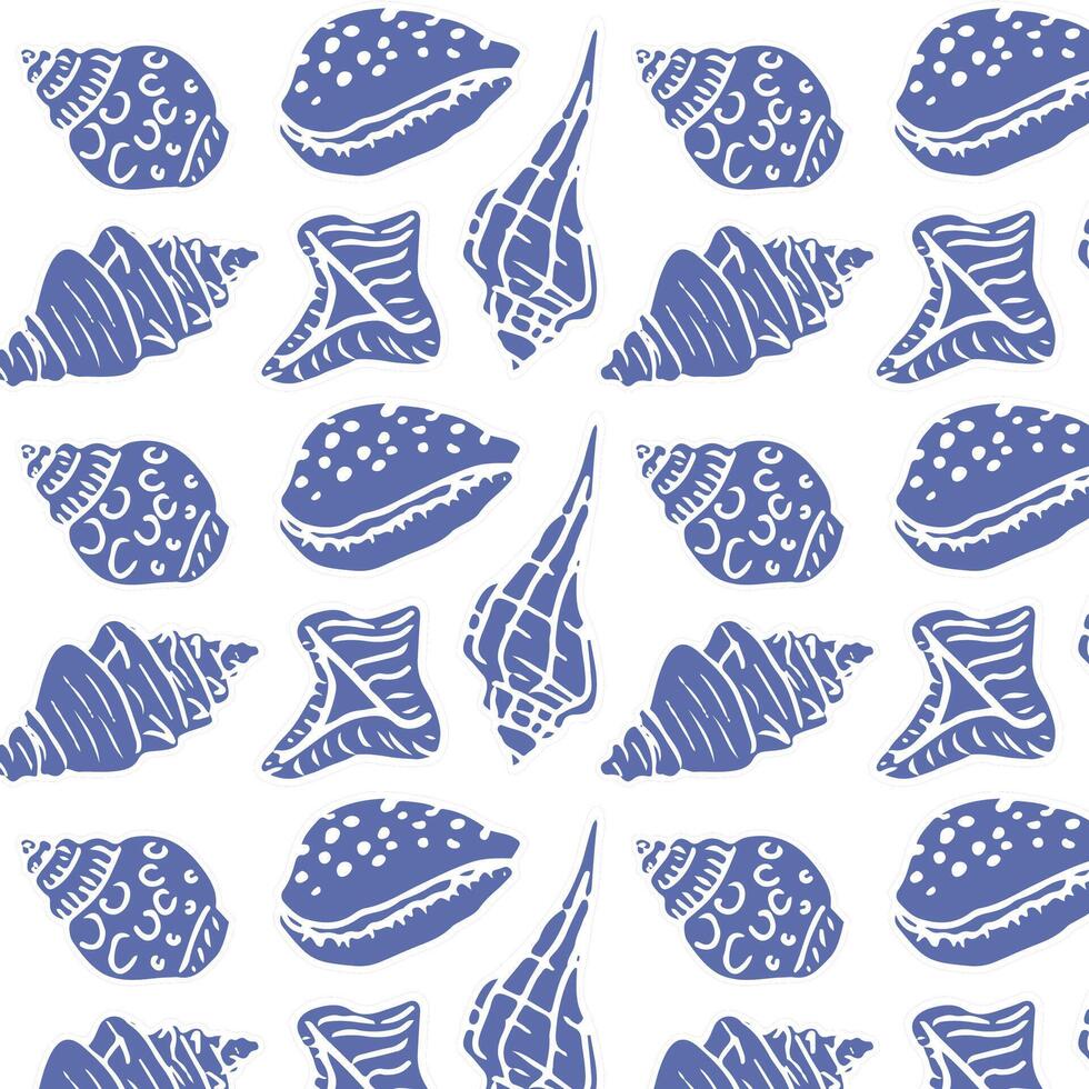 Seashells hand-drawn colorful seamless pattern. Blue shell on white background. Nautical seamless background for summer, beach, textile, packaging vector
